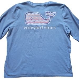 Vineyard Vines Long Sleeve Crew Pocket Tee Shirt Blue Floral Fill Whale Size XL